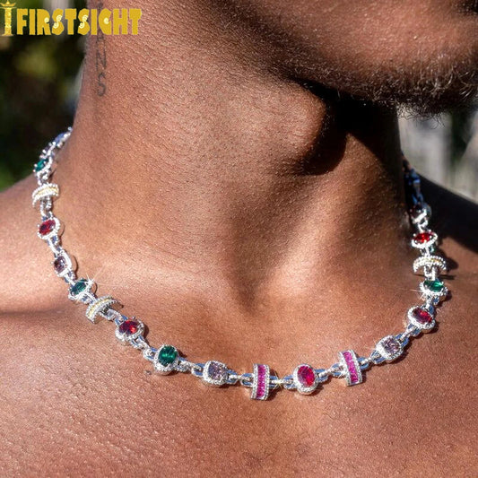 New Colour Oval Square Charm Necklace Silver Color Iced Out Cubic Zircon Cuban Chain Choker Women Men Fashion Hip Hop Jewelry