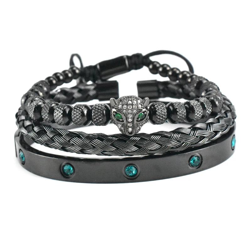 Luxury Set Green Eye Leopard Head Charm Handmade Unisex Bracelet Crystals Stainless Steel Bangles Jewelry