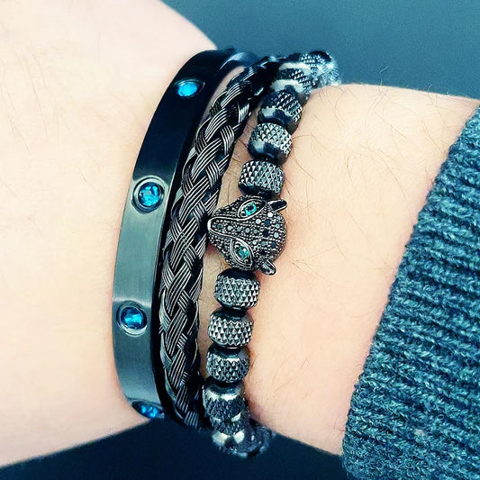 Luxury Set Green Eye Leopard Head Charm Handmade Unisex Bracelet Crystals Stainless Steel Bangles Jewelry