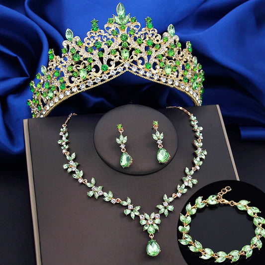 Jewelry Sets for Women 4 Pcs Lime Green Crown Fashion Tiaras Bracelets Earrings and Necklace Sets Bride Wedding Prom Accessories